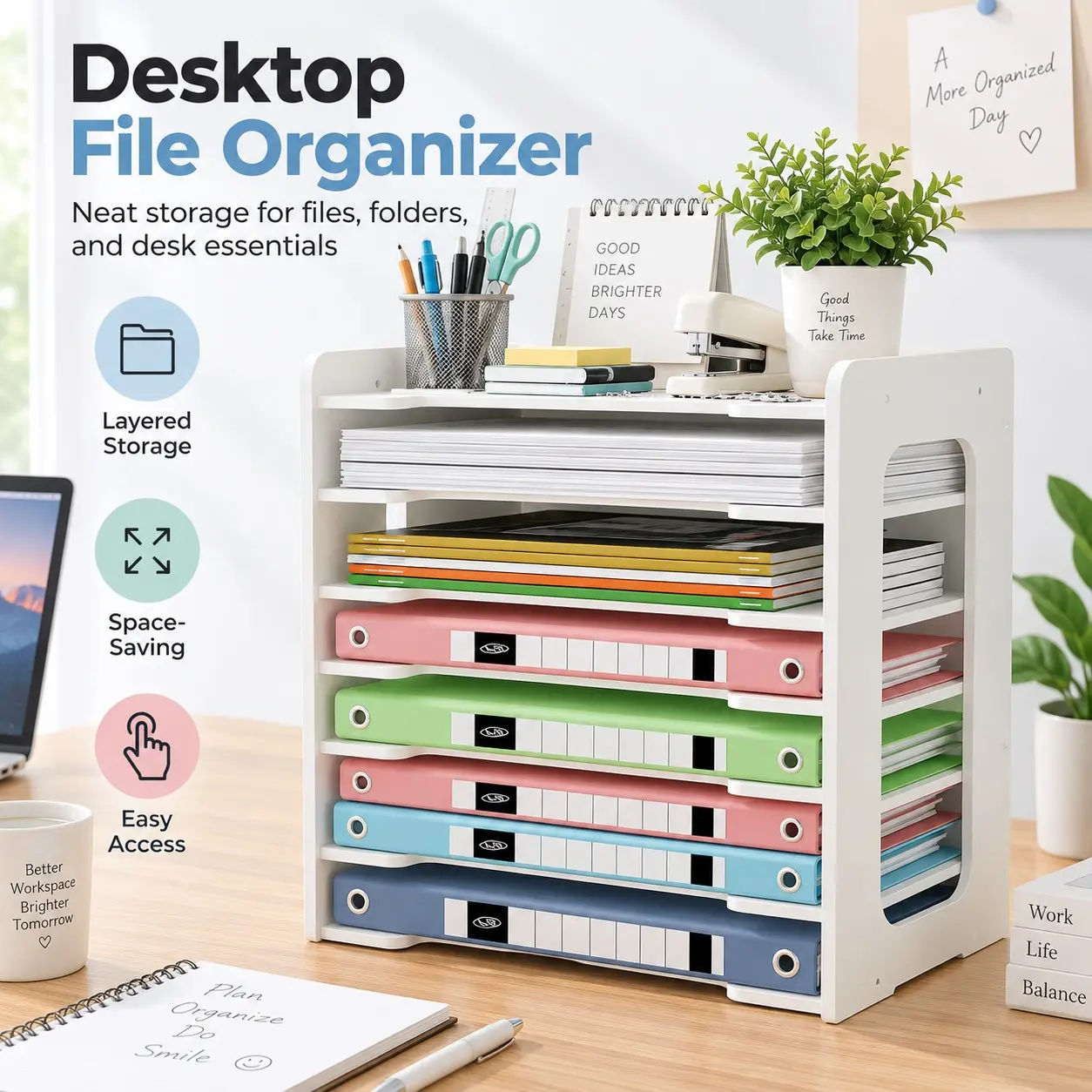 1 Pc 5-Tier/7-Tier File Organizer for Desk, Modern Vertical Paper Sorter with Wide Document Storage Trays, Desktop Letter and Office Supplies Organizer for Home, Office, School and Classroom, Office Essentials