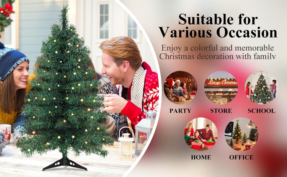 Okicoler 3 Ft Pre-Lit Christmas Tree, Artificial Christmas Trees with Lighting, Xmas Trees with 25 Led Lights, 100 Branch Christmas Decoration for Home, Office, Easy Assembly Ornaments