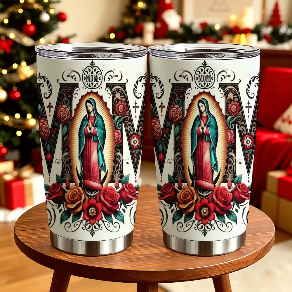 20oz Our Lady Of Guadalupe Themed Travel Cup, Rose Art Stainless Steel Drinkware for Mom, Thoughtful Holiday & Mother’s Day Gift for Mom