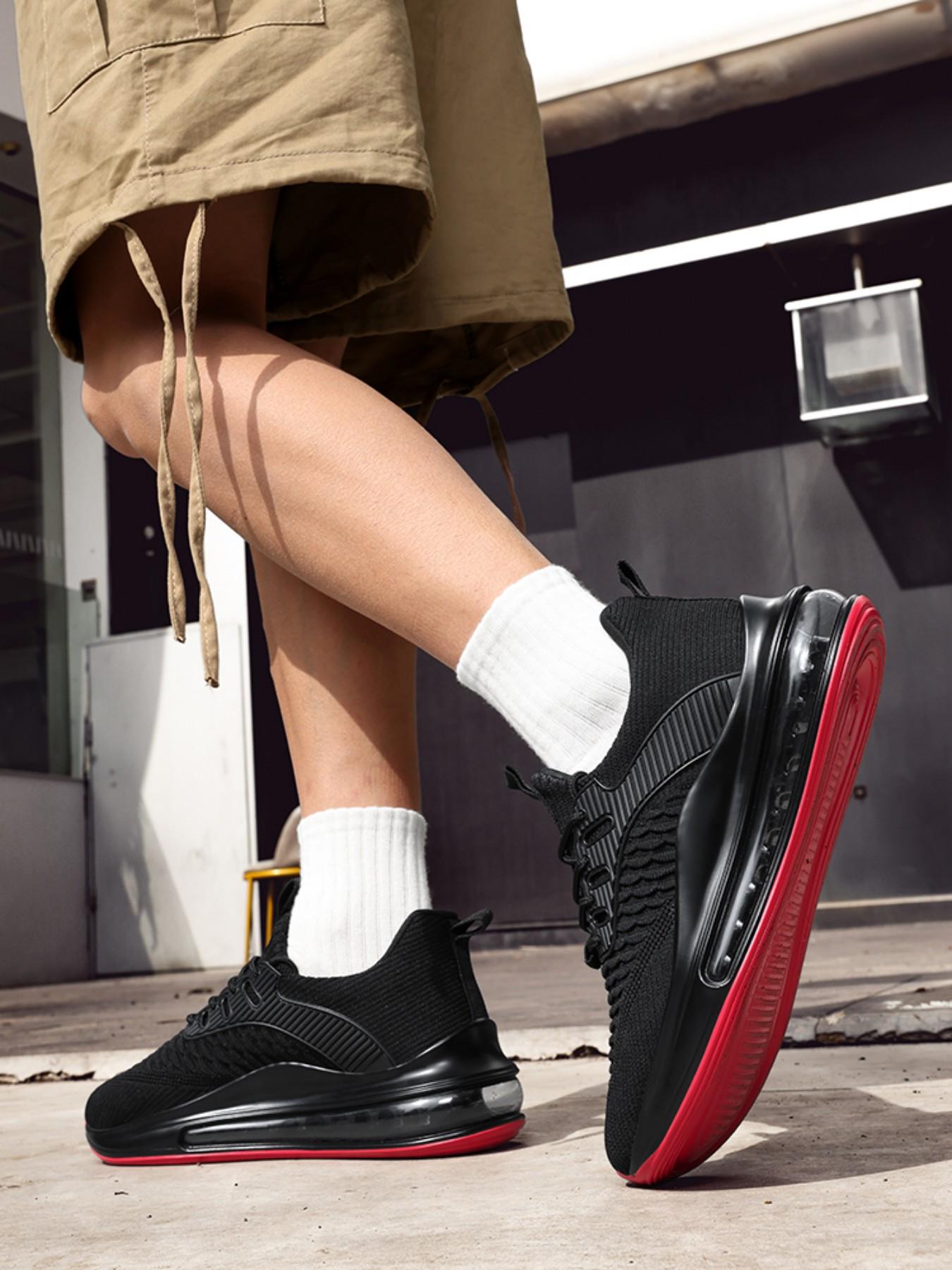 New Fish Scale Full Sole Air Cushion Running Shoes, Men's Flyknit Breathable Sport Shoes, Thick Sole Shock Absorption Casual Shoes