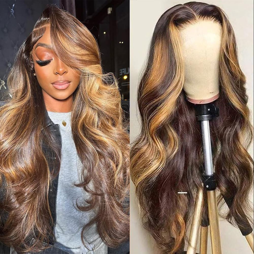 4/27 Highlight Lace Front Wigs Human Hair Pre Plucked Bleached Knots 180% Density 13x4 HD Ombre Honey Blonde Deep Wave Human Hair Wigs with Baby Hair 30inch