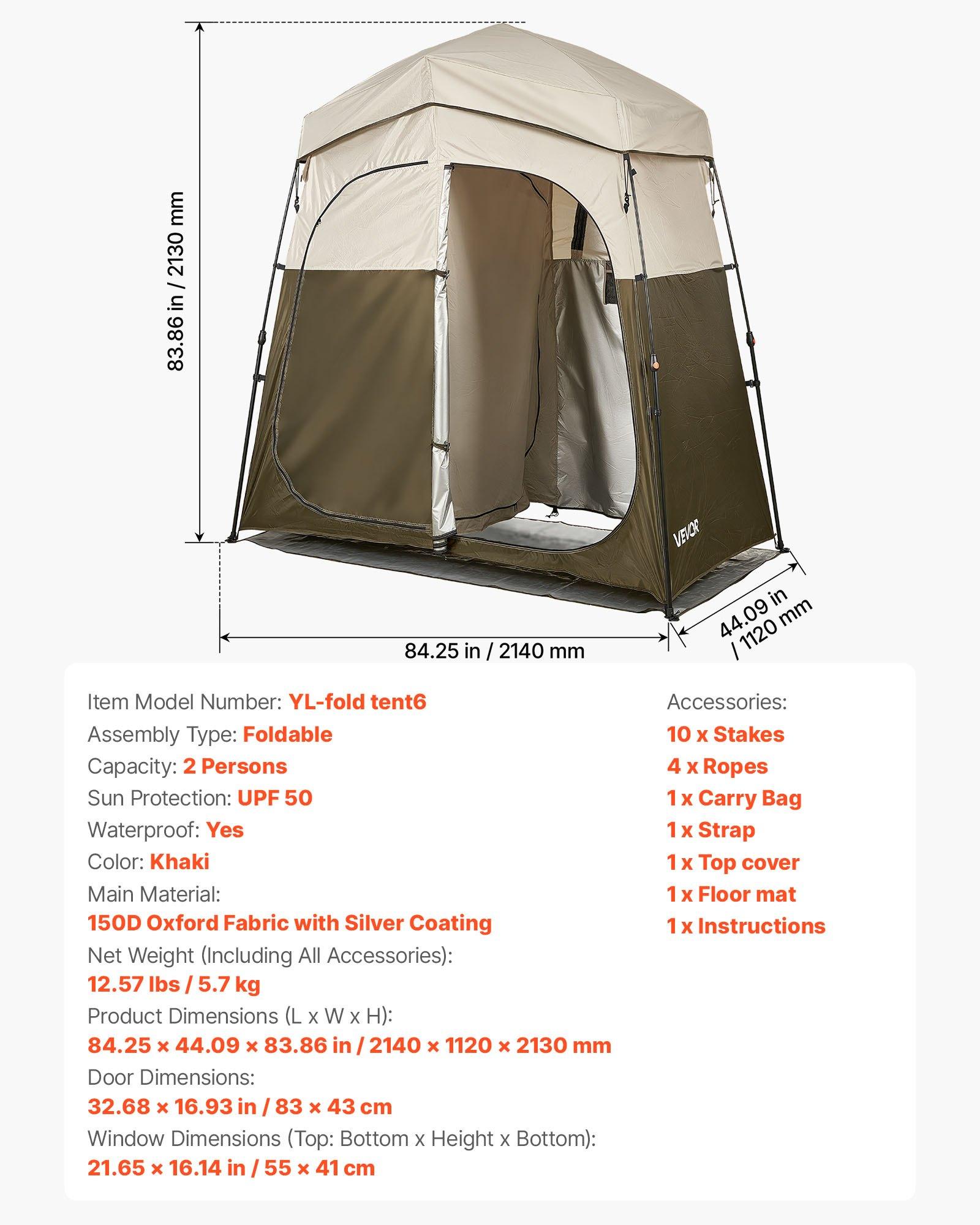 fathersdaygift  VEVOR Camping Shower Tent, 2-Room Foldable Portable Privacy Tent Changing Room with Ground Stakes, Ropes, and Carry Bag, 150D Oxford Fabric with Silver Coating, for Camping, Beach, and Fishing
