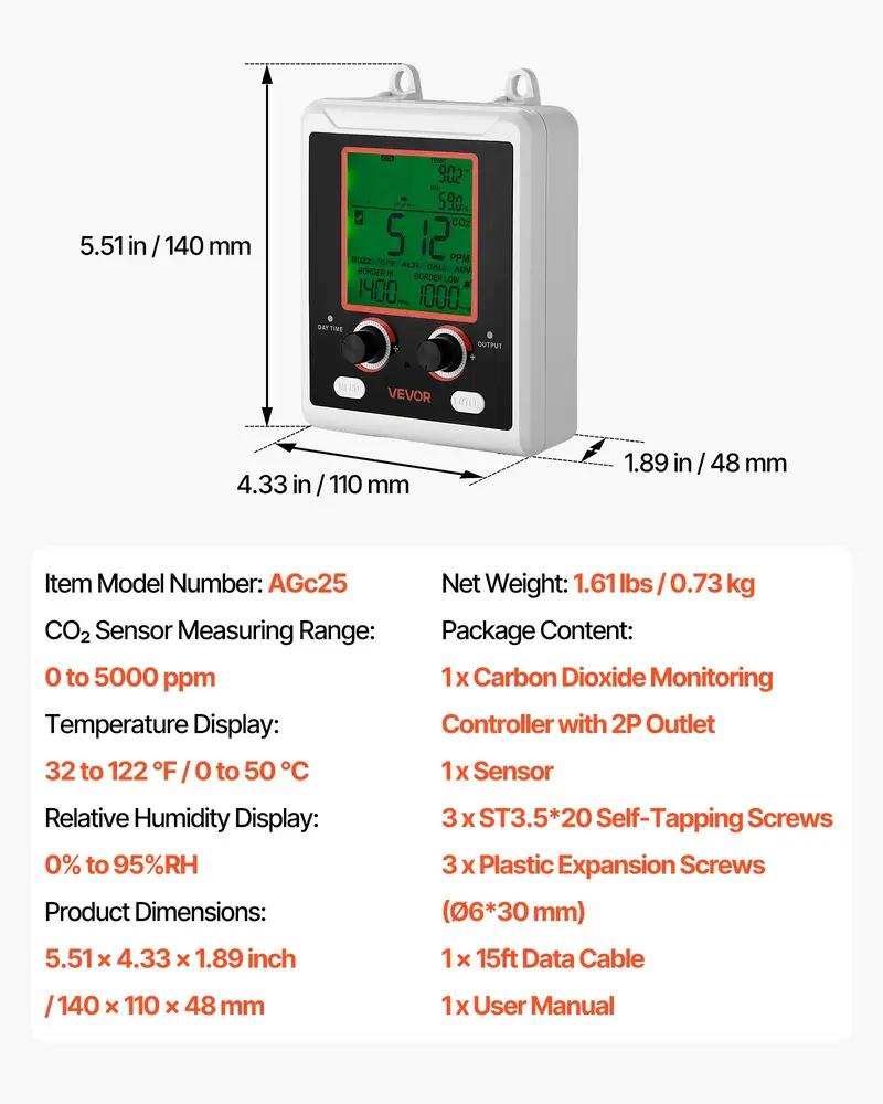 VEVOR Hanging Compact Digital CO2 Monitoring Controller with NDIR Sensor, LCD Display, 0-5000ppm Range, Dual Outlets, Day-Night Detection, Human Auto Sensing, Auto Ventilation, Accurate CO2 Tracking, 1.61 lbs, 32-122°F/0-50°C for Greenhouse