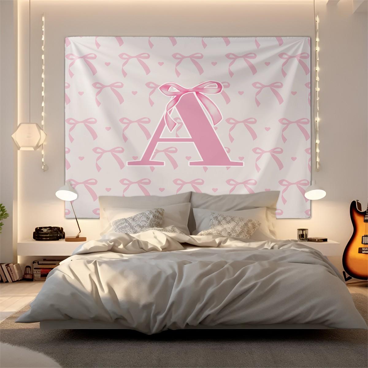 Pink Bow Heart Wall Tapestry, Custom Initial Sweet Print, Soft Decorative, Ideal for Girls Bedroom Living Room Wall Decor