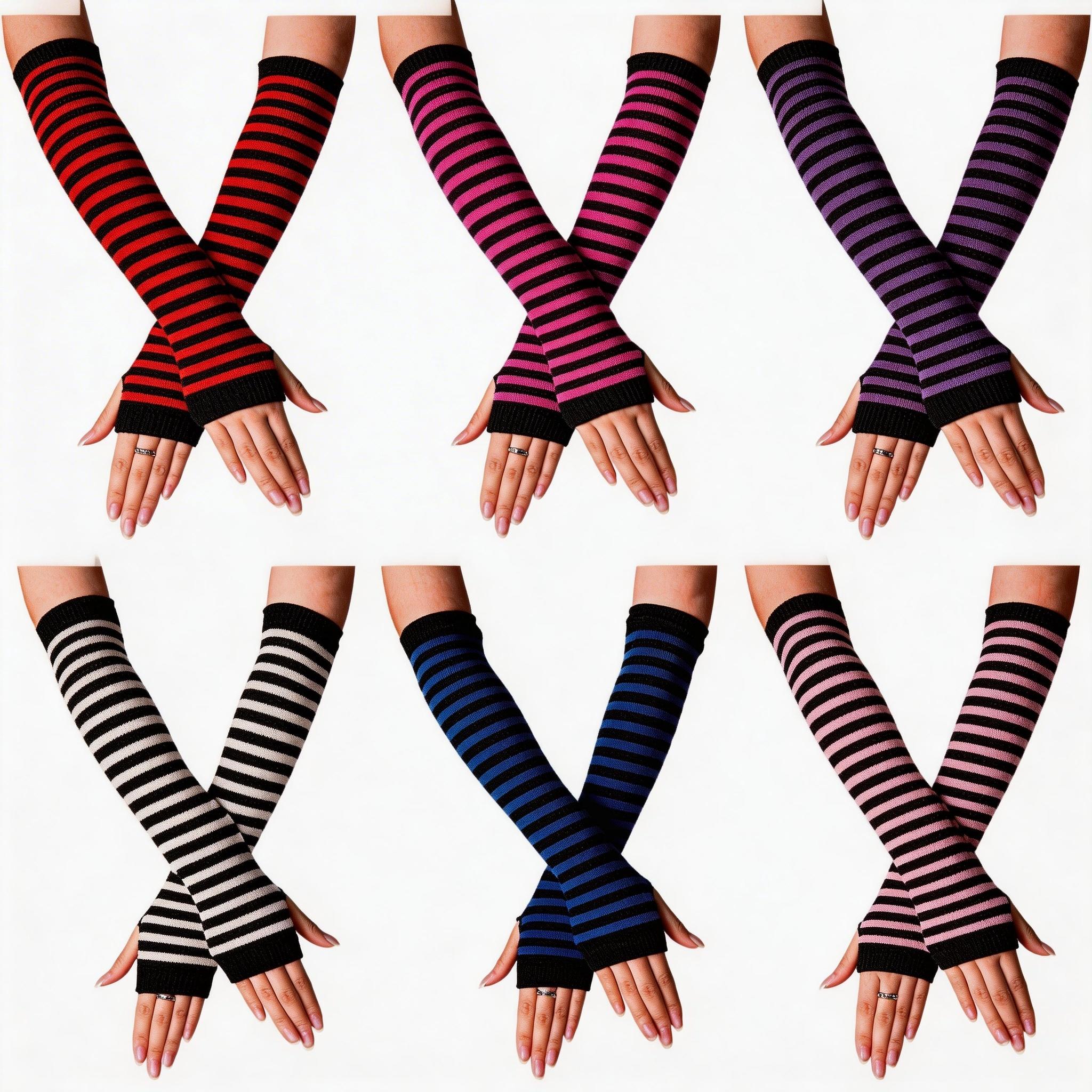 Women's Gothic Punk Striped Half-Finger Gloves, Knit Arm Warmers with Thumb Hole, Elastic Wrist and Arm Warmth, Fashionable Striped Design