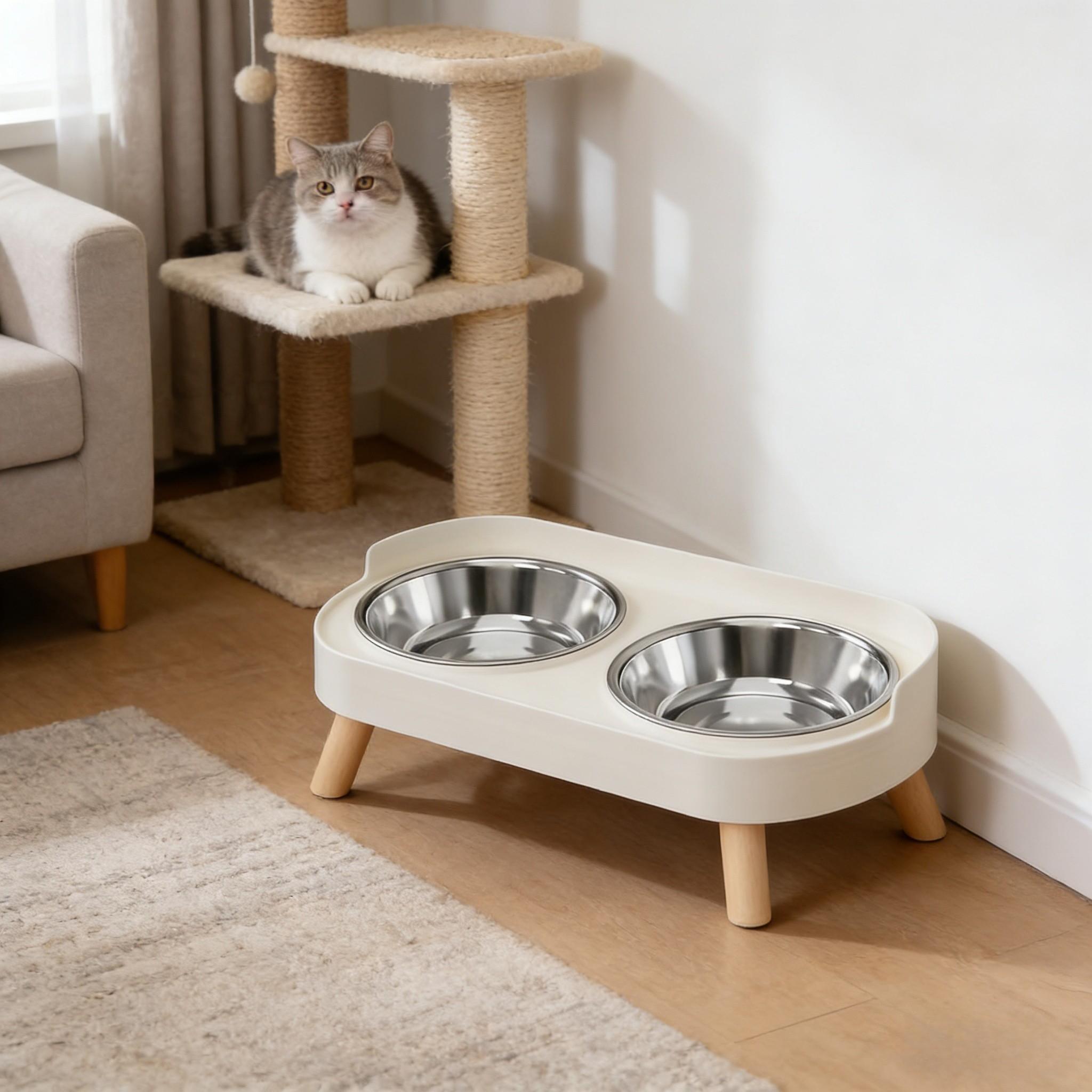 Pet Dual Bowl Food Dish, Scientific Neck Protection Design, Anti-Spill Wide Base, Stainless Steel, Water Bowl Included, Essential Pet Accessory