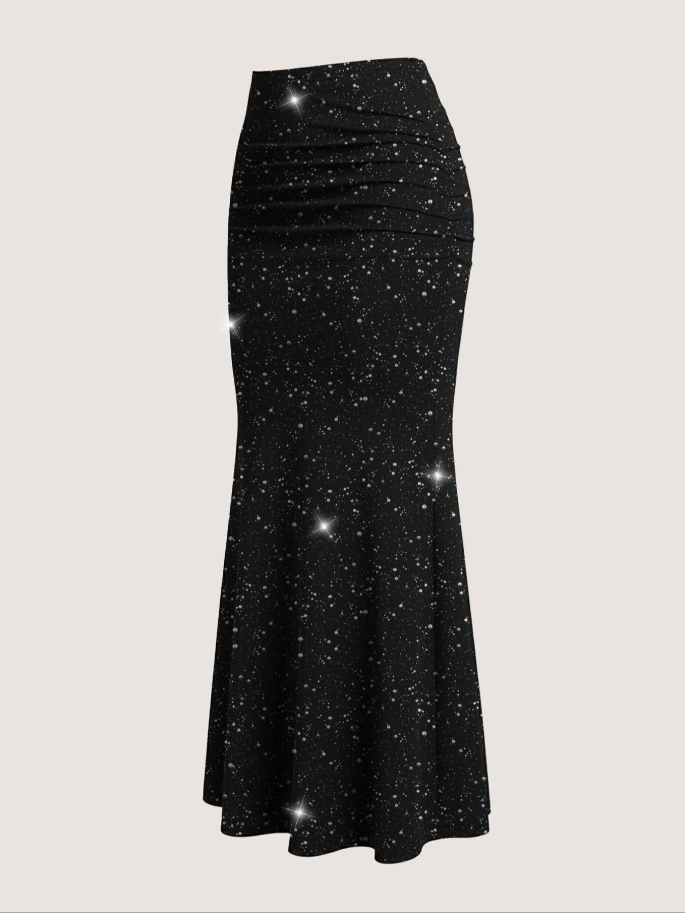 Women's Starry Skirt Fashion Slim Fit Sequin Galaxy Pleated High Waist Bodycon Mermaid Long Dress