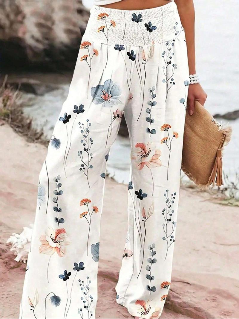 Women's Patchwork Print Elastic Waist Wide Leg Pants, Boho Casual Trousers for Beach Vacation Holiday, Ladies Bottoms for All Seasons