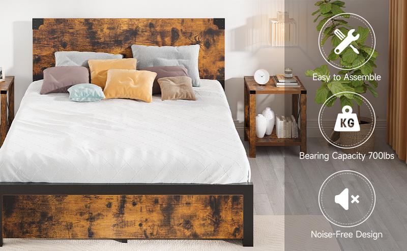 Full/Queen/King Bed Frame with Wood Headboard, Platform Bed Frame with Under Bed Storage and Metal Legs, No Box Spring Needed-Rustic Brown