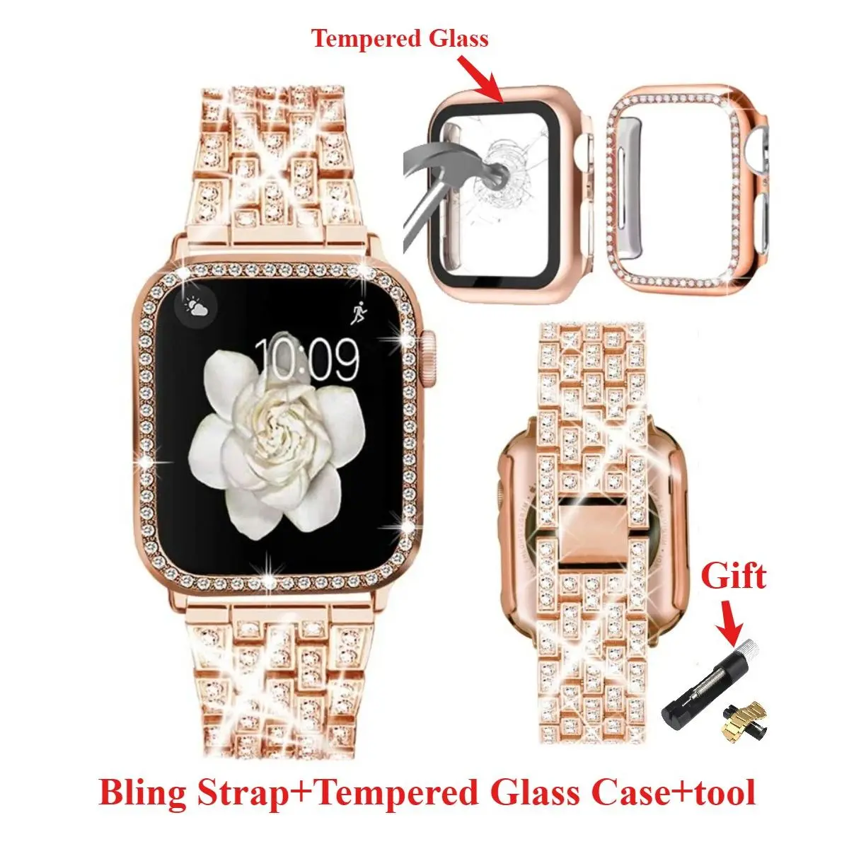 3 in 1 Bling Metal Watch Band Strap+Tempered Glass Glitter Diamond Full Protective Smartwatch Case+Remove Link Tool for iWatch Series 11 10 9 8 7 6 5 4 3 2 1 SE 3 2 1 Ultra 3 2 1 Band Screen Protector Hard PC Cover Shell Replaced Strap Luxury Diamond Band
