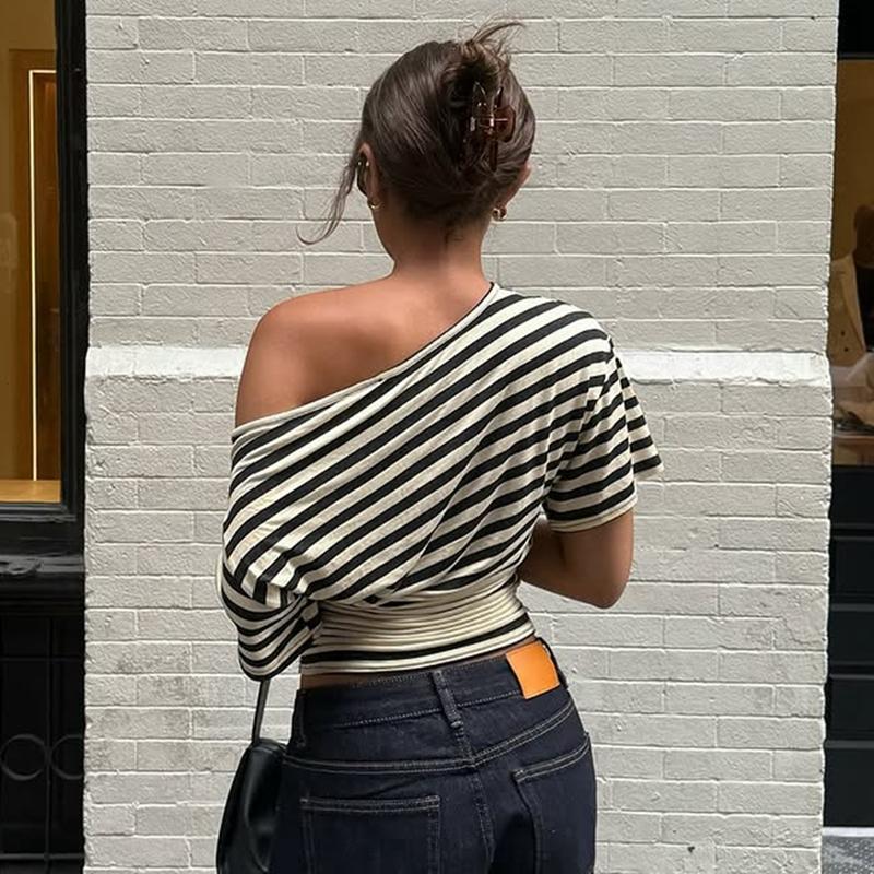 Women Summer Fashion Short Sleeve Asymmetrical One Shoulder Striped Asymmetric Hem T Shirt Tops Tee Casual Daily Tops Women Summer Fashion Short Sleeve Asymmetrical One Shoulder Striped Asymmetric Hem T Shirt Tops Tee Casual Daily Tops