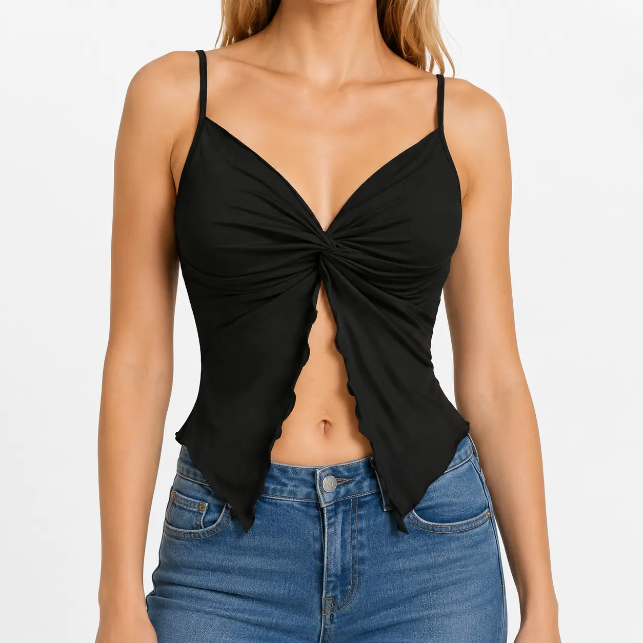 Women's Ruched V-Neck Spaghetti Strap Halter Top, Slim Fit Knot Design Split Hem, Lightweight Sleeveless Lace Trim Outerwear, Stylish Casual Shirt, Camisole Tank Top, Casual Flattering Sleeveless