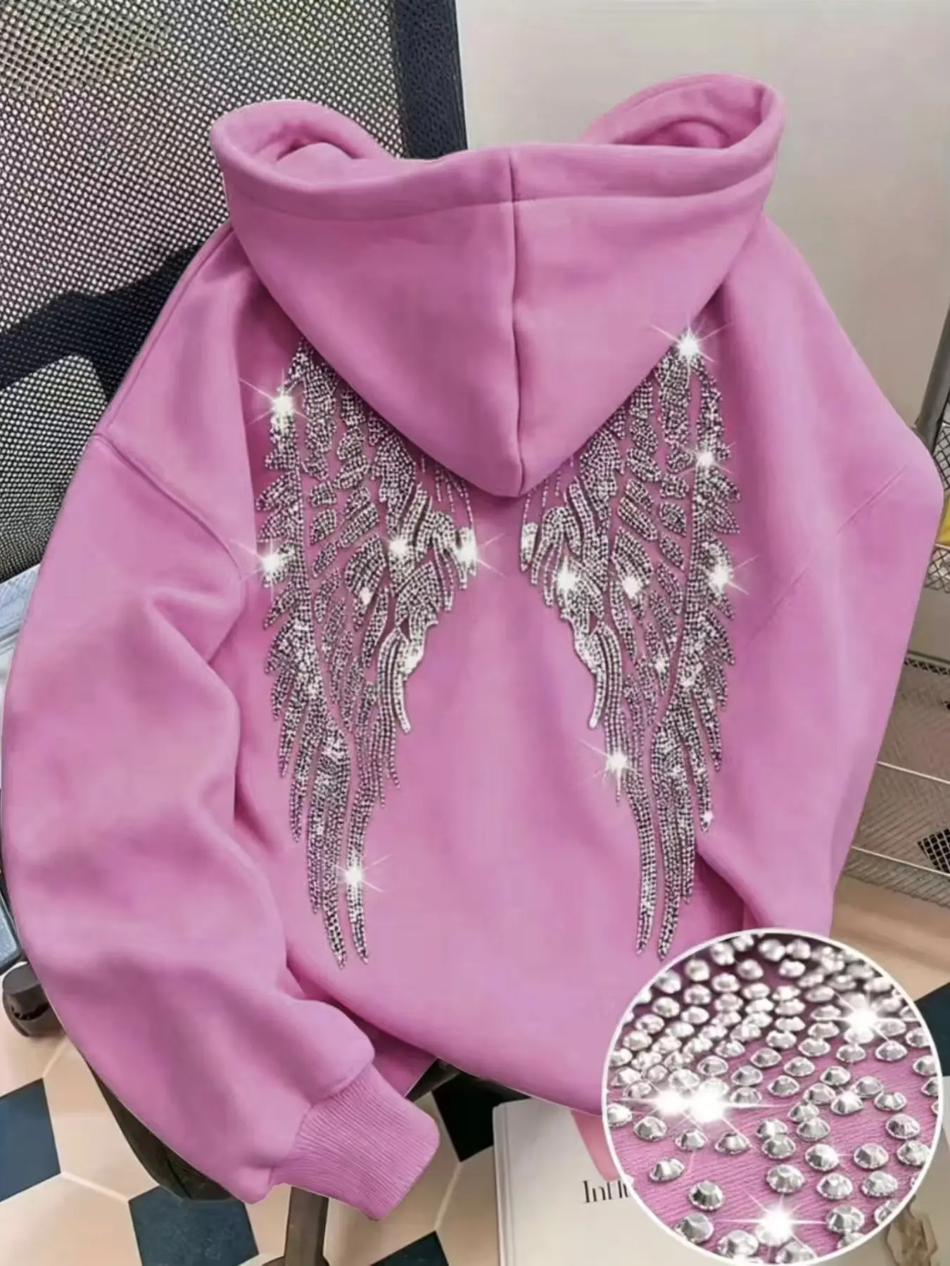Women Oversized Pullover Hoodie, Rhinestone Wing Print, Long Sleeve Casual Sweatshirt, Front Pocket, Baggy, Loose-Fitting