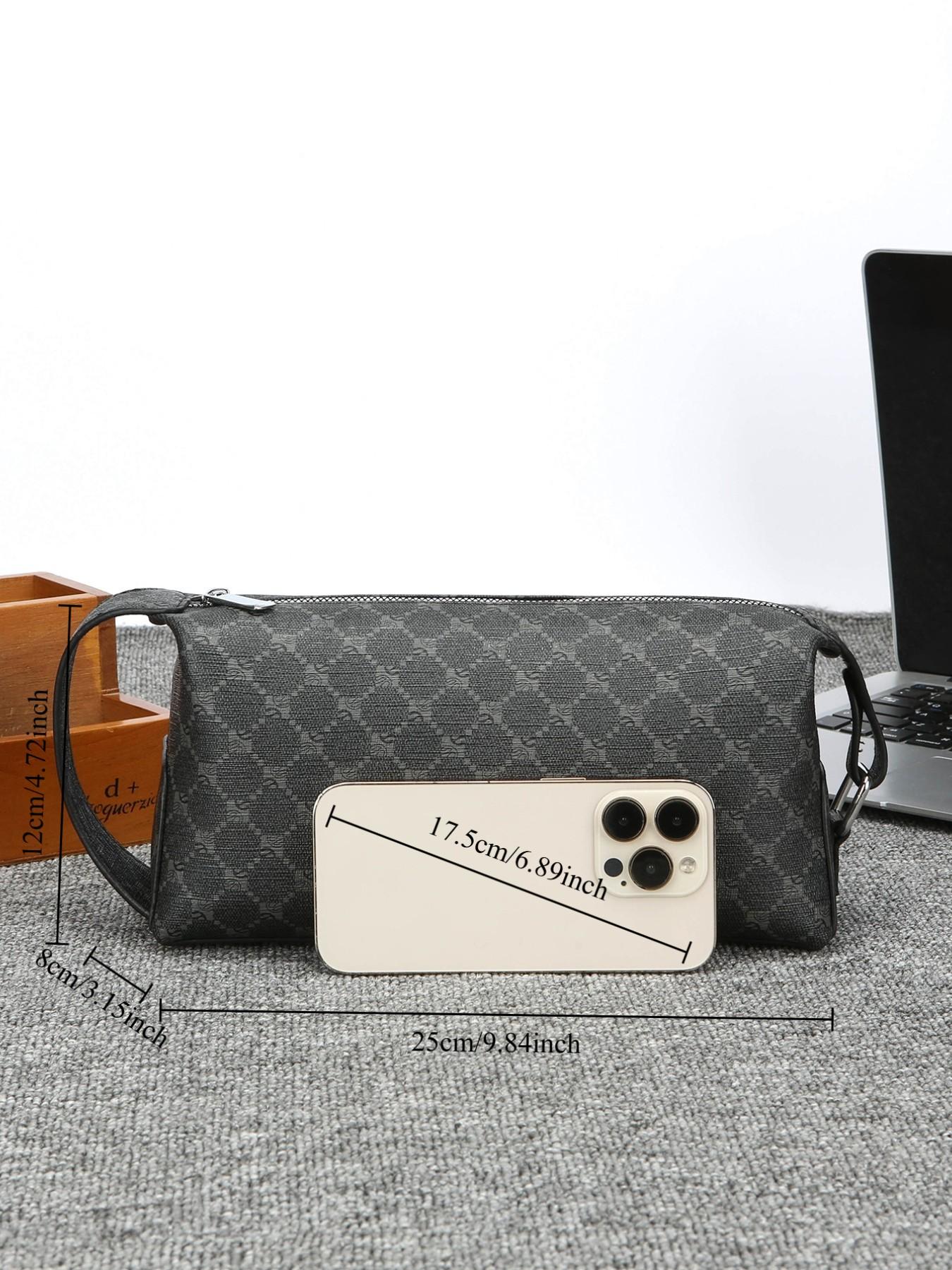 Men's Vintage Monogram Toiletry Bag, Large Capacity PU Leather Travel Dopp Kit, Portable Cosmetic Organizer with Handle for Daily Use