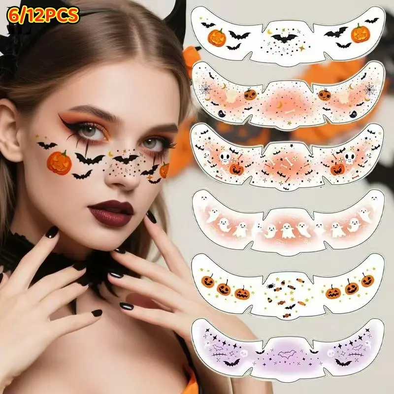 6/12PCS set of new Halloween facial makeup stickers, holiday tattoo stickers, temporary face stickers, freckle stickers, cute ghost, little devil, pumpkin makeup stickers, easy to clean, suitable for party waterproof facial tattoo stickers