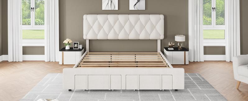 Full Size Bed Frame, Upholstered Platform Bed Frame with Storage Drawers, Mattress Foundation with Solid Wooden Slats Support, No Box Spring Needed, Beige