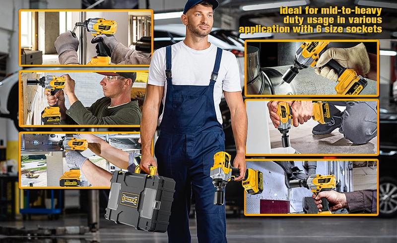 1000FT-LBS (1300N.m) Cordless Impact Wrench 1/2" with 1or2*Battery, Brushless Impact Gun with 6 Sockets, 2100RPM for Car & Truck 1000FT-LBS (1300N.m) Cordless Impact Wrench 1/2" with 1or2*Battery, Brushless Impact Gun with 6 Sockets, 2100RPM for Car & Truck