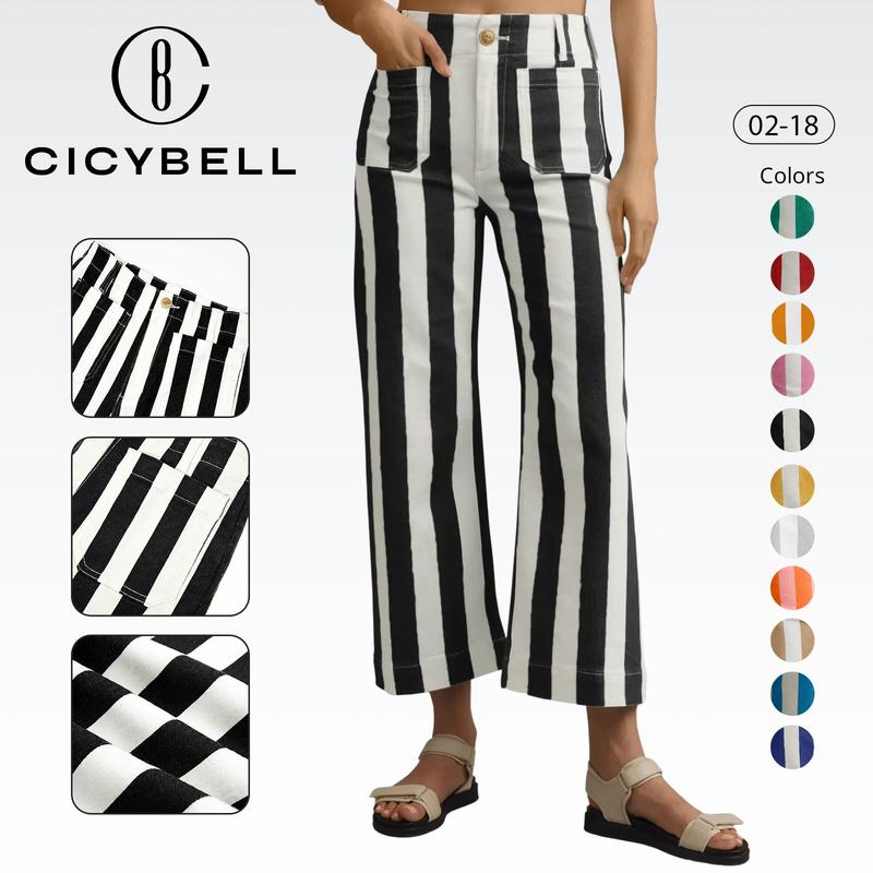 Cicy Bell Womens Cropped Striped Jeans Casual High Waisted Stretchy Polka Dots Straight Leg Denim Pants with Pockets