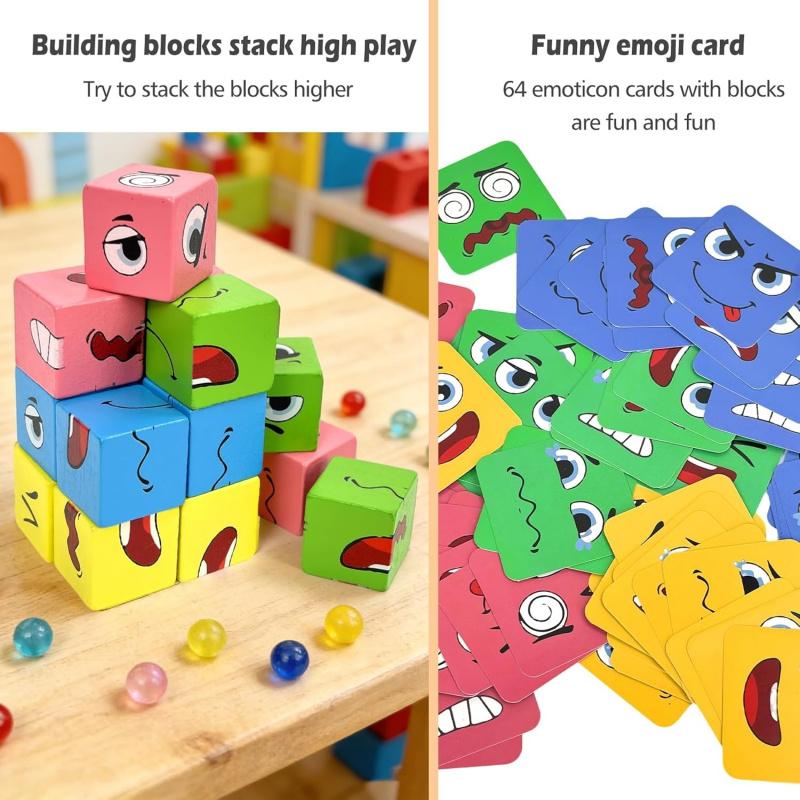 Wooden Face Changing Magic Cube Game[16 blocks + 72 cards], Expression Puzzle Building Blocks Pattern Matching Game, Educational Puzzles Toy Board Games for Kids and Adults with Bell
