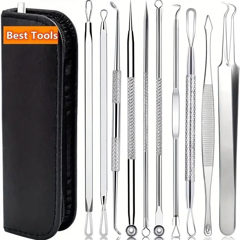 Professional 10-Piece Acne and Pimple Extracting Set - Stainless Steel Tools for Deep Cleansing and Skin Care Acne Pimple Extractor