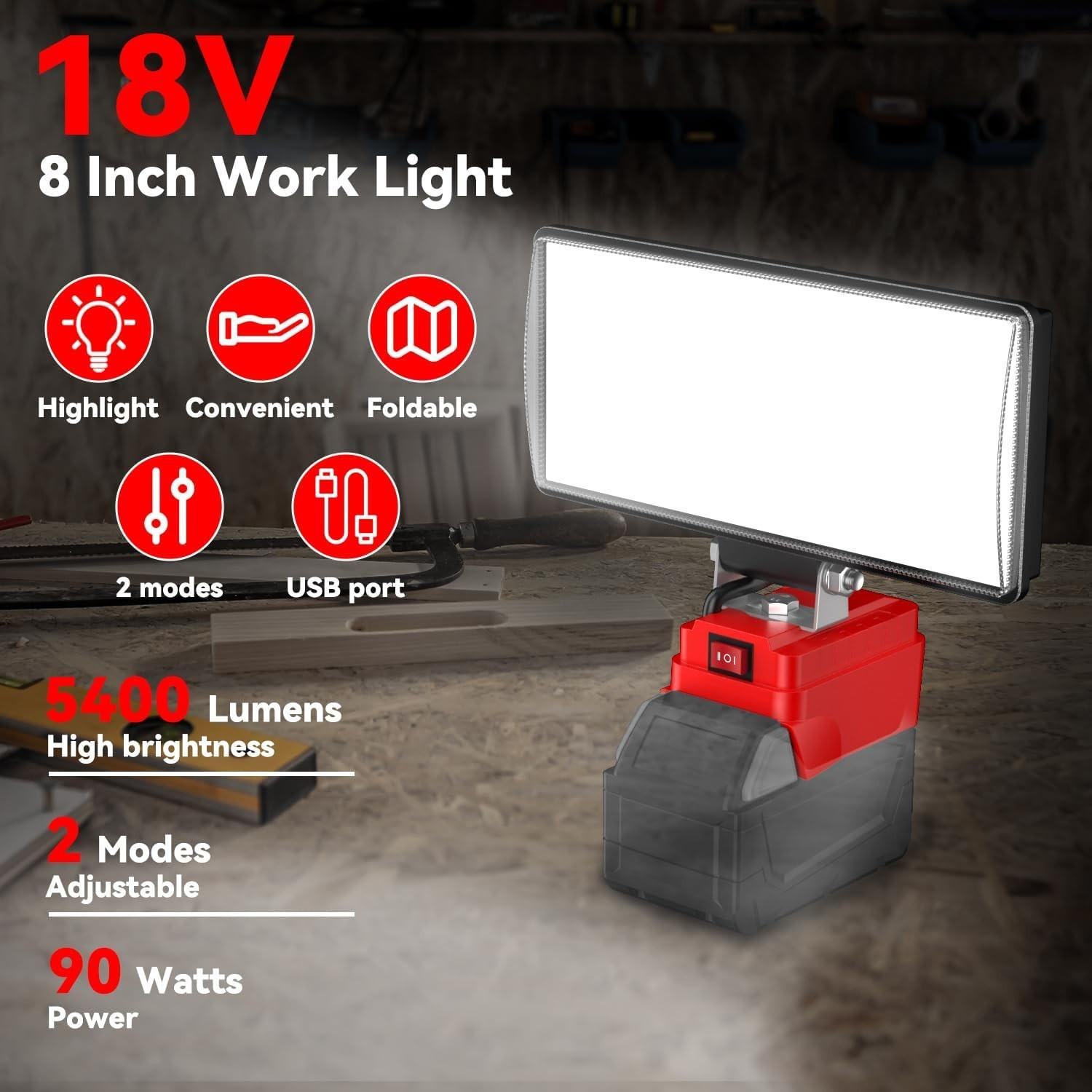 Milwaukee 18v Cordless LED Work Light, 90w 5400lm Wide Beam Floodlight, Dual USB Charging Ports, Ideal for Emergency Garage Workshop Use