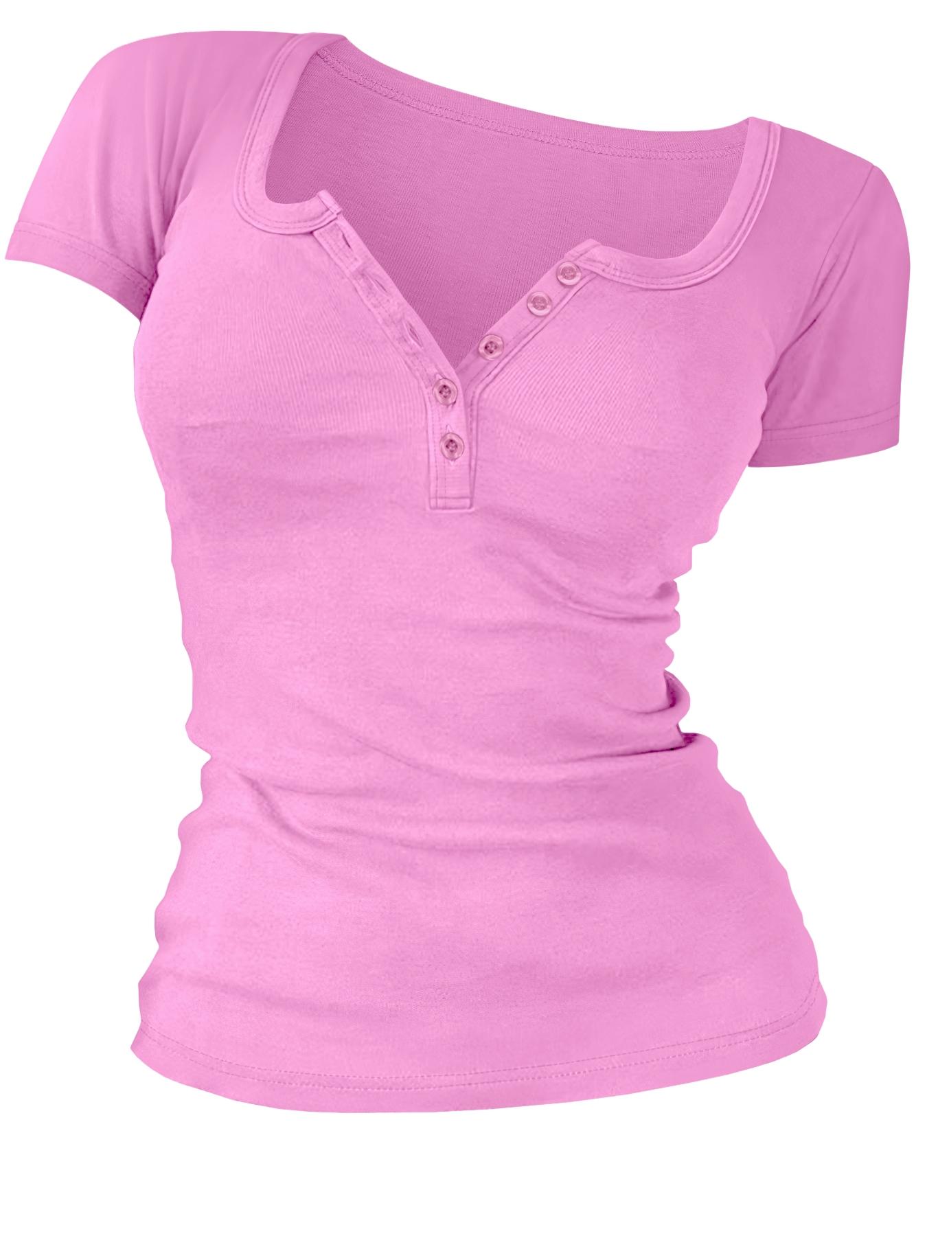 Women's Solid Color Plain Buttons V Neck Tee, Casual Women's Short-Sleeve T-shirt For Summer, Ladies Basic Clothes for Daily Wear, TikTok Trending T-shirt Women