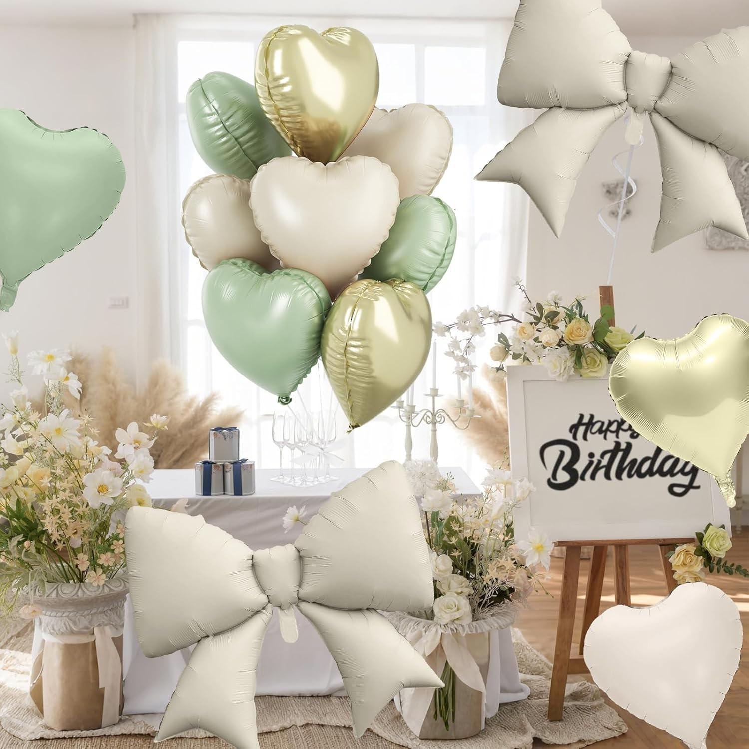 Green gold heart-shaped bow balloons, 8 18 inch heart-shaped balloons and 2 38 inch bow balloons (with 2 accessories), suitable for boys, girls, baby showers, wildlife park jungle birthdays, wedding party decorations