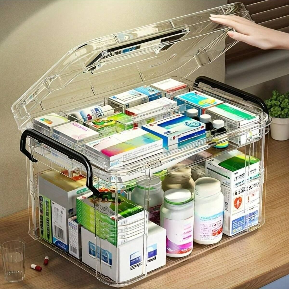 Large Capacity Dual Layer Medicine Storage Box, Waterproof Transparent Organizer, Ideal for Home and Travel, Easy Access and View