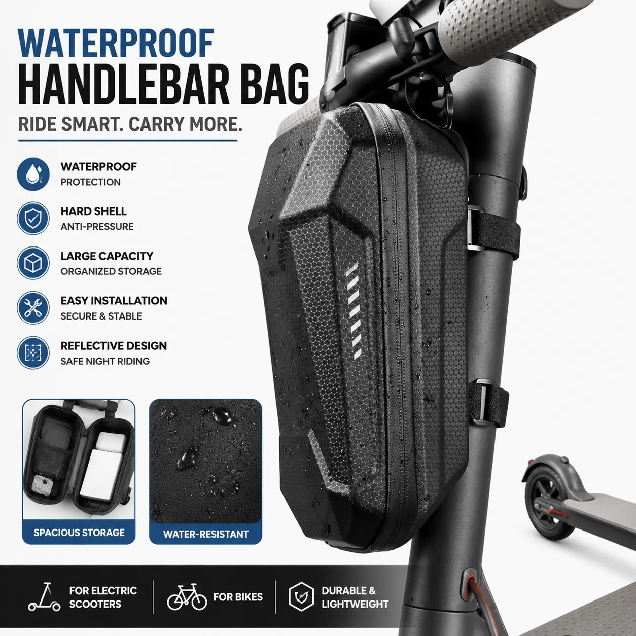 2L Waterproof Hard Shell Scooter Handlebar Bag, Quick Release Electric Scooter Front Storage Bag, Portable Bike Bag Organizer for Charger, Tools and Daily Essentials