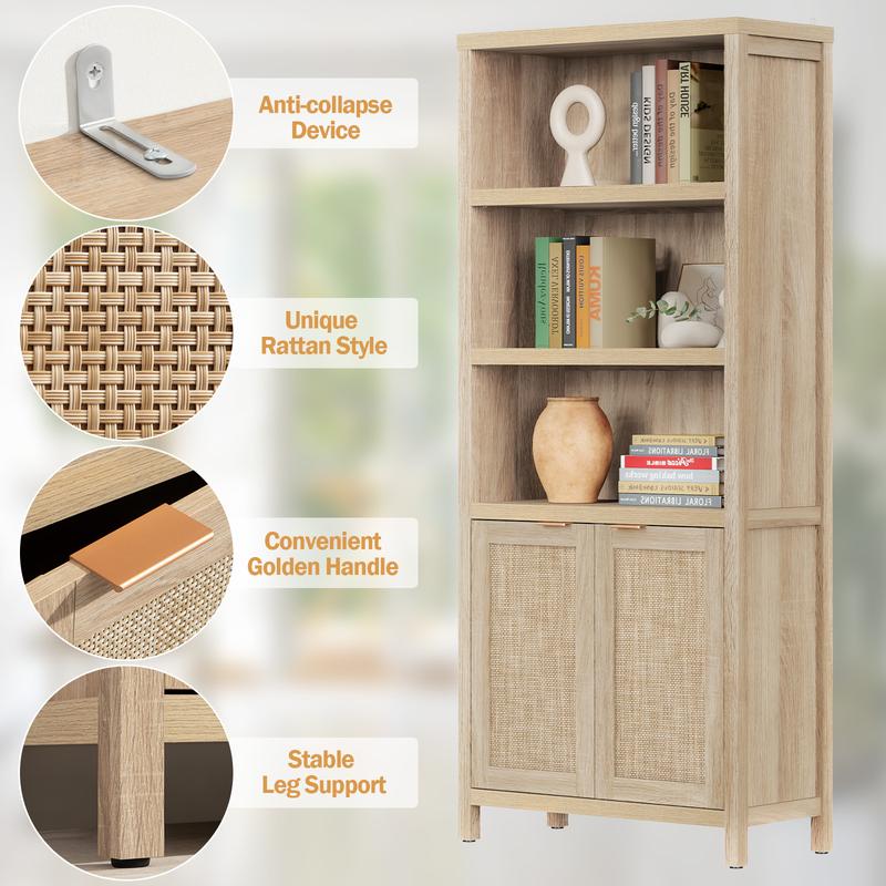 SICOTAS Bookcase 5 Tier Bookshelf Rattan Boho Tall Book Case Shelf with Doors Storage  Large Bookcases Farmhouse Bookshelves Library Shelves for Living Room Bedroom Home Office Kitchen, Unique Boho Style, Ample Storage Space