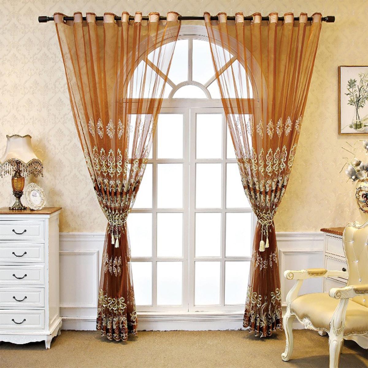 2pcs European Heavy Embroidery Sheer Curtains, Living Room Arched Floor-To-Ceiling Window, Vintage Style Punch Hole Balcony Curtain
