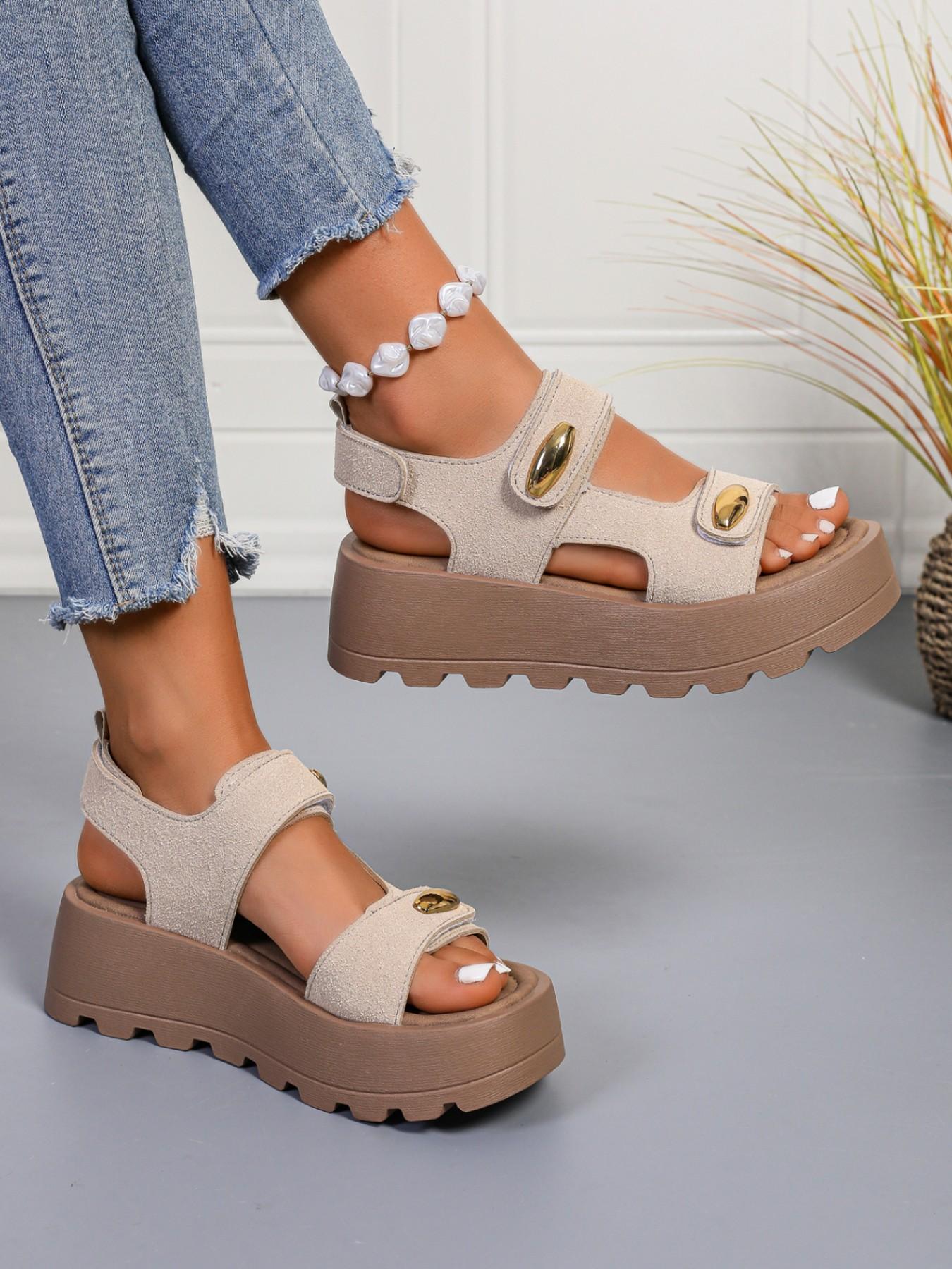 Magic Tape Thick Sole Slippers, 5cm Heel Lift, Breathable Summer Footwear, Plain Design, PU Upper, Rubber Sole, Less Than Ankle Height