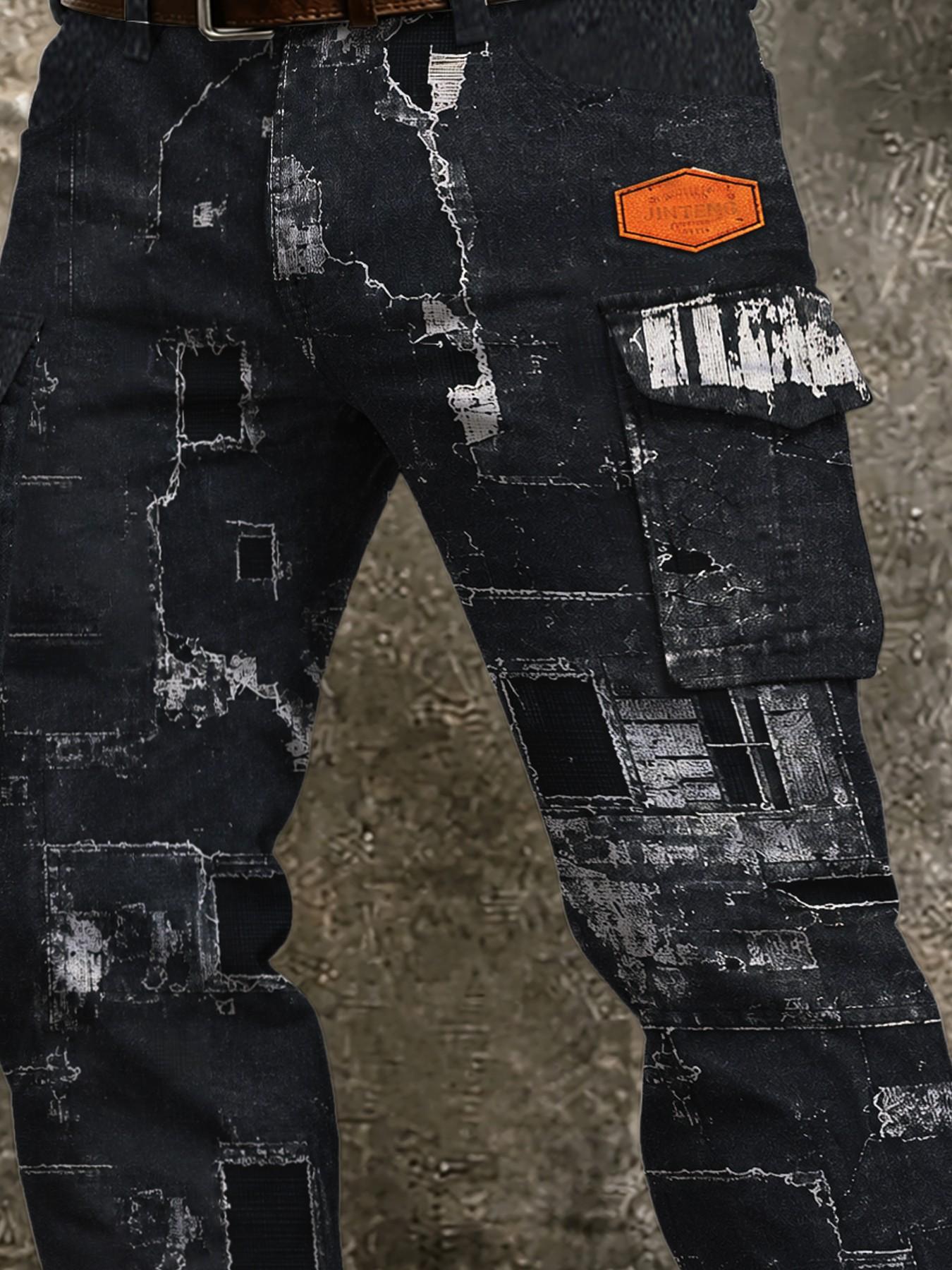 Men's Distressed Cargo Pants, Multi-Pocket Straight Leg Casual Long Pants, American Vintage Streetwear Fashion, Casual Pocket Trousers