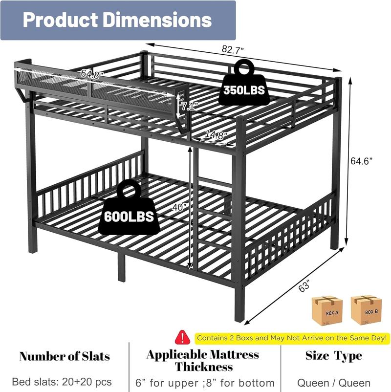 Queen Over Queen Bunk Beds Frame for Adults, Metal Bunk Bed Queen Size with Storage Shelf, Heavy-Duty Bunk Bed Frame with Ladder and Slats Support ,Space-Saving, Noise Reduced, Black