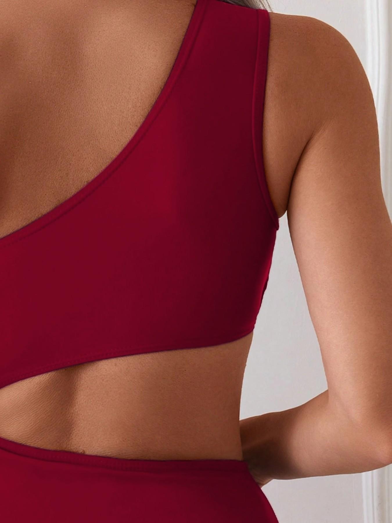 Women's Conservative One-Shoulder Bikini Swimsuit, Solid Color Print, Plus Size, Ruched Waist, Belly Control Bikini, Summer Swimwear