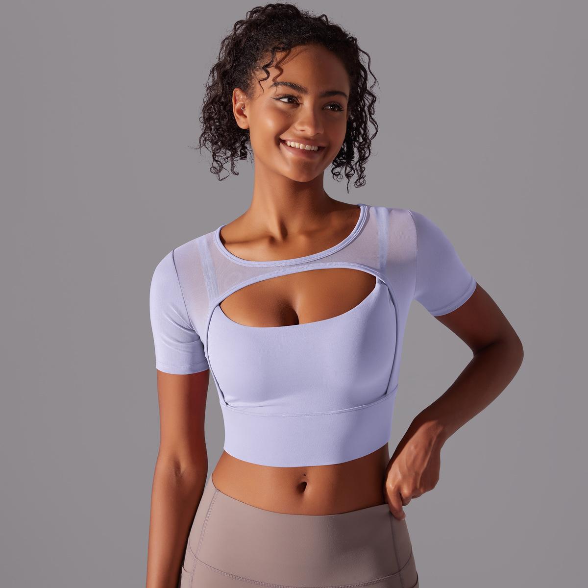 Classic Solid Color Mesh Stitching Double-Layer Short Sleeve Racerback Bra Top Women - Running, Fitness, Yoga Workout Top1123