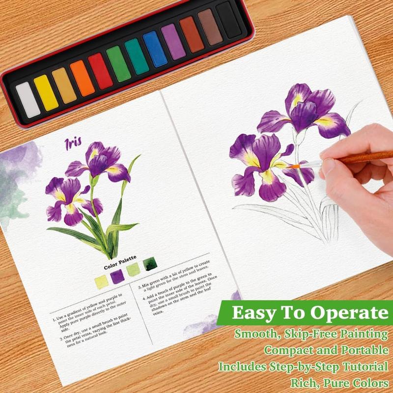 SkilLify Watercolor Flowers Workbook, Beginner Watercolor Paint Set, Flowers WaterColor Book, Arts & Crafts Coloring Book for Adults and Teens with 12-Color Paint Set & Brush, Valentine's Day gifts