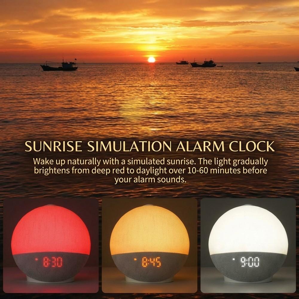 Sunrise Multifunctional Alarm Clock with White Noise Machine, Bluetooth Speaker, Color Changing Night Light, Fabric Cover, for Bedroom – Perfect Gift for Adults and Kids, Sleep Aid & Home Decor