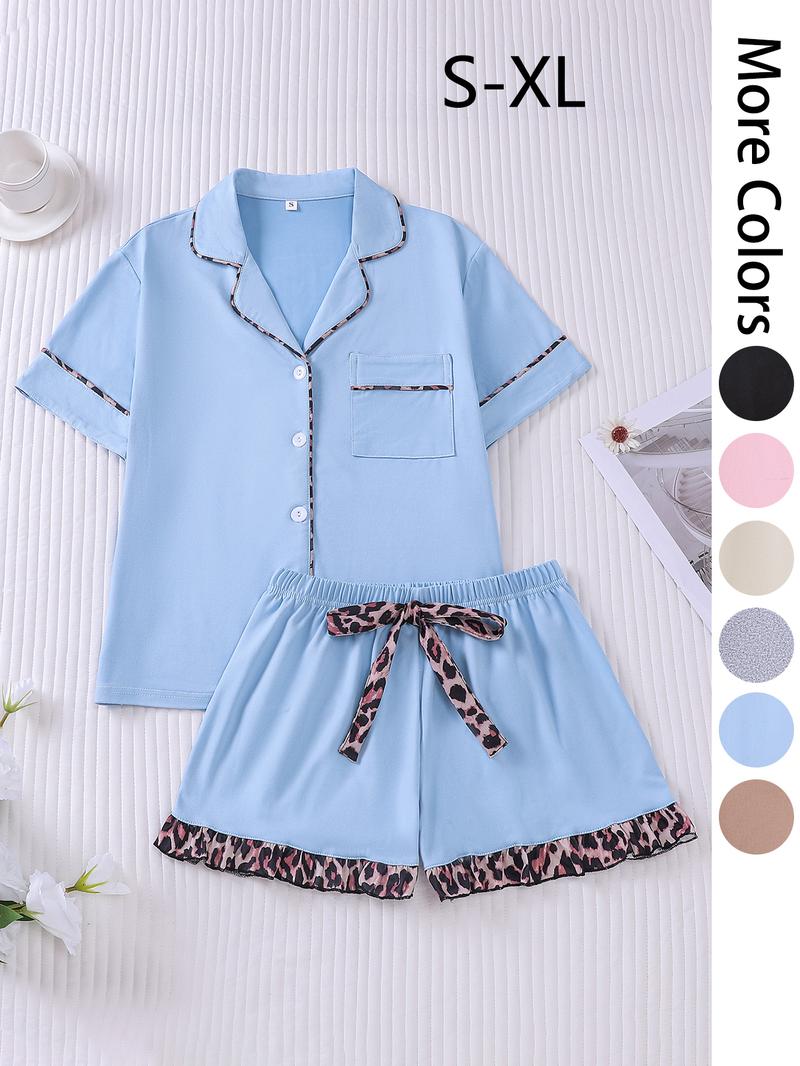 Women's Patchwork Contrast Binding Button Front Pocket Shirt & Ruffle Hem Shorts Pyjama Set, Casual Comfy Two-piece Pj Set, Ladies Summer Sleepwear, Pajama Set