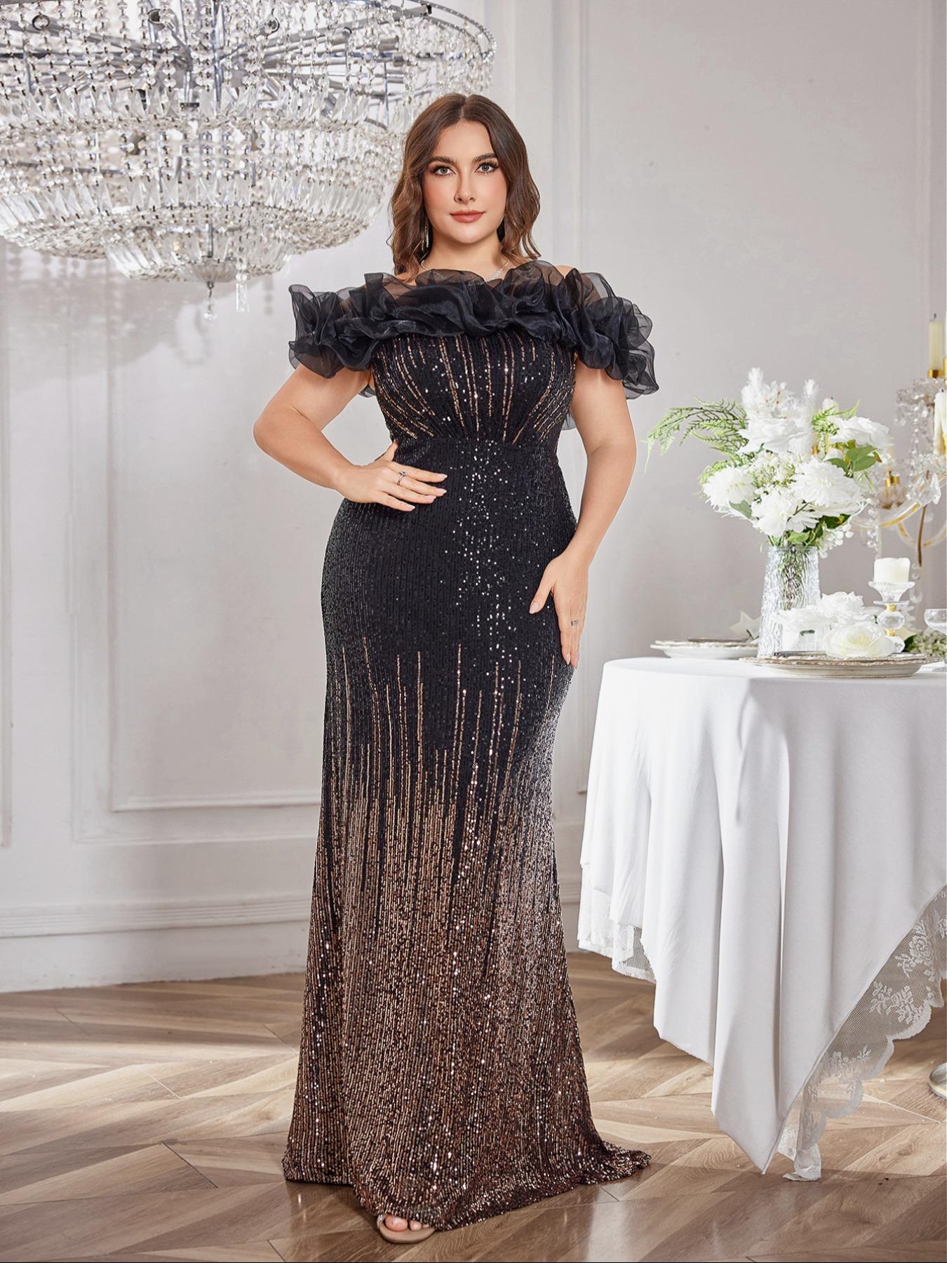 Off Shoulder Backless Adjustable Strap Fit Sequin Gradient Evening Dress, Sleeveless Party Gown, Random Cut Design, Elegant Woven Formal Wear