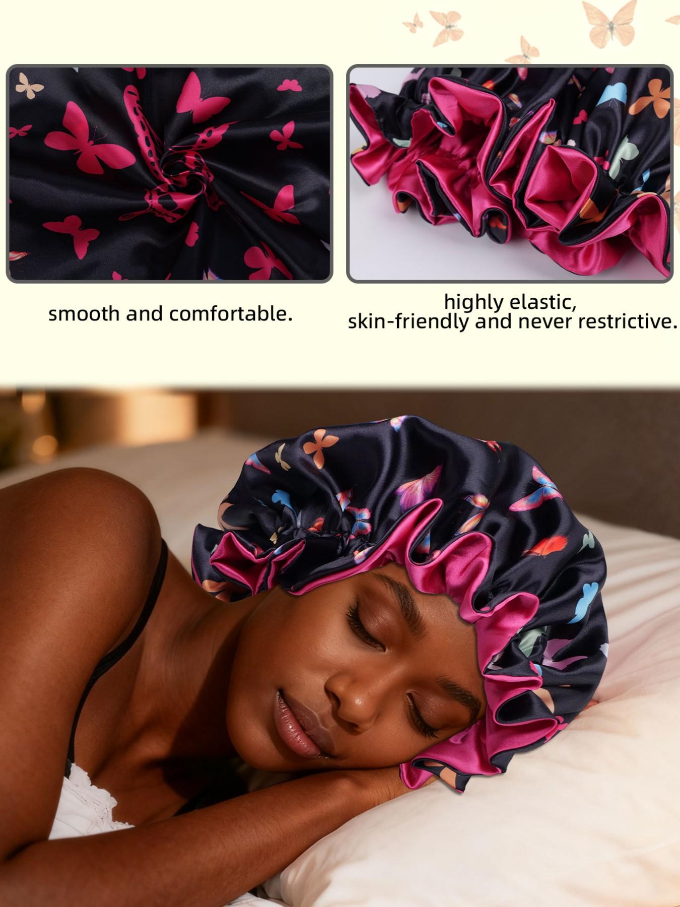 Soft Butterfly Print Sleep Cap for Unisex, Elegant Fashionable Sleep Hat, Beauty Makeup, Adjustable Wide Brim Bath Cap
