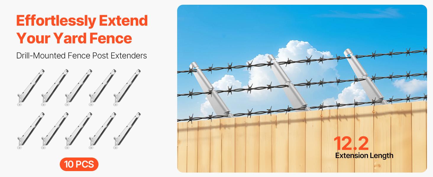 VEVOR Barbed Wire Arm, 10 Packs 12.2 in Fence Post Extender, Flat or Surface Mounted, Galvanized Steel Fence Height Extender, Protect Privacy and Prevent Pets Jumping Off, for Outdoor Wood Concrete Fences