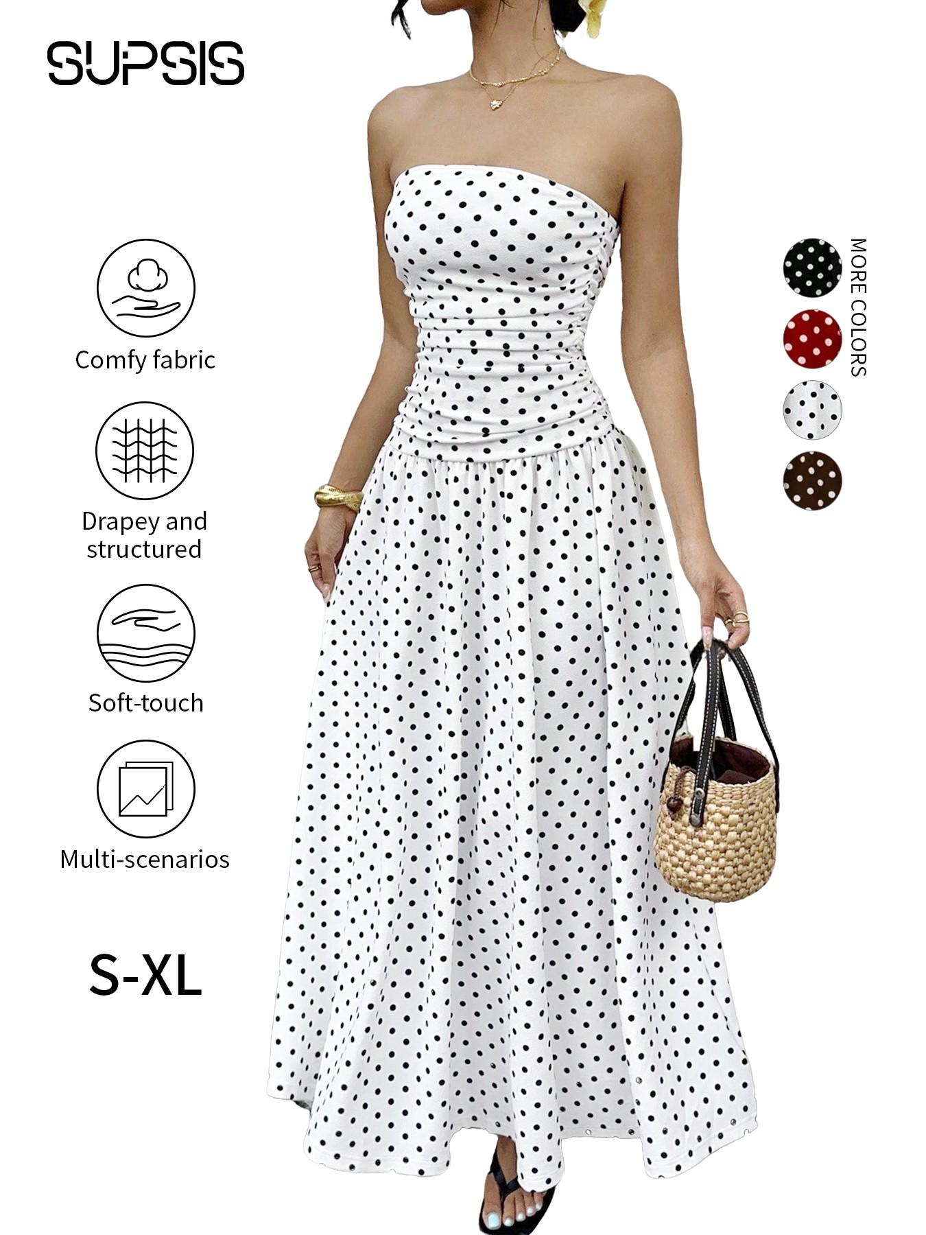 Women's Polka Dot Strapless Dress, Elegant Sleeveless Swing Flowy Maxi Dress, Spring & Summer Fitted Knit A-Type Dress