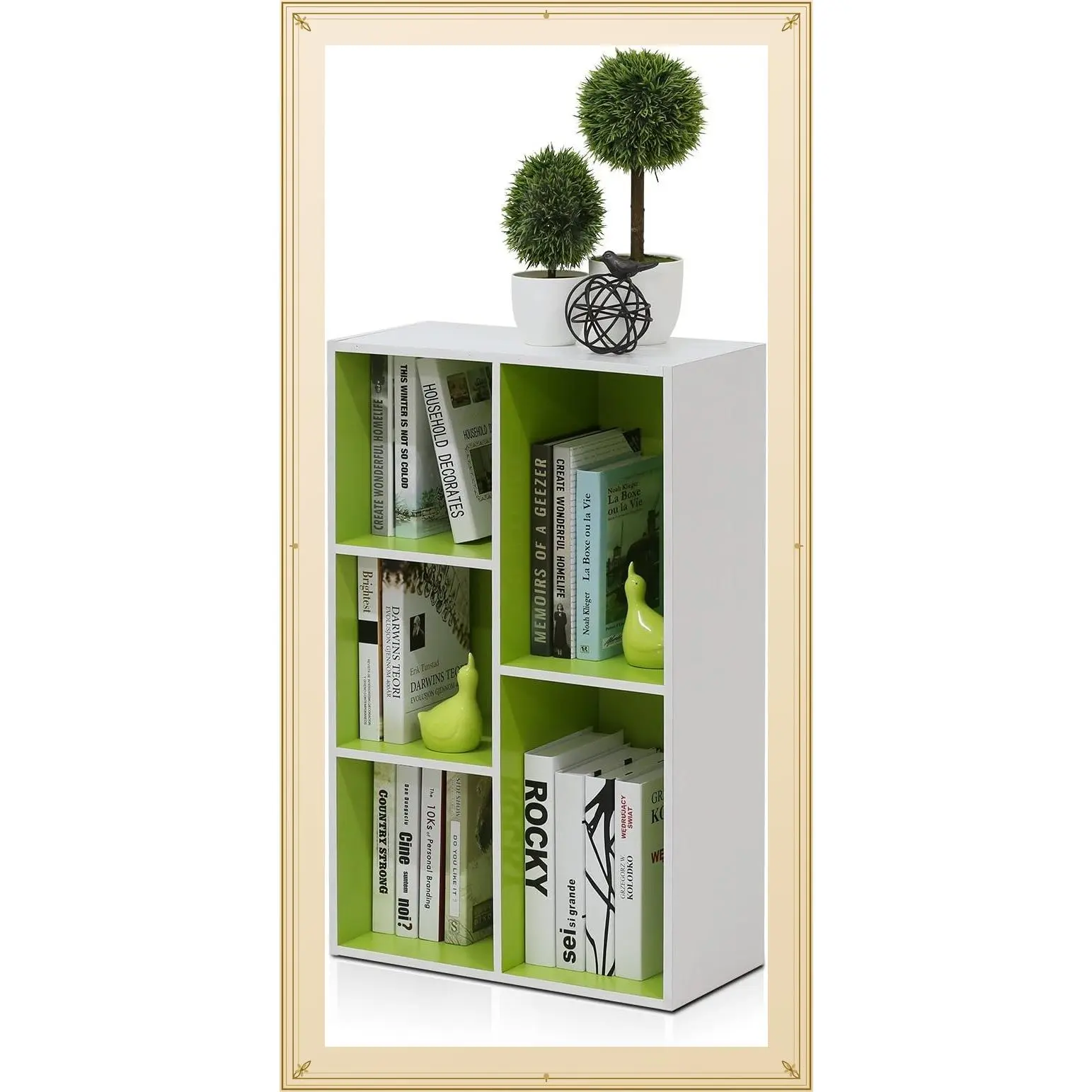 5-Cube Reversible Bookcase, Easy Assembly Bookshelf, 9.4 x 19.5 x 31.5, for Living Room, Bedroom, Home Office, White/GreenGift