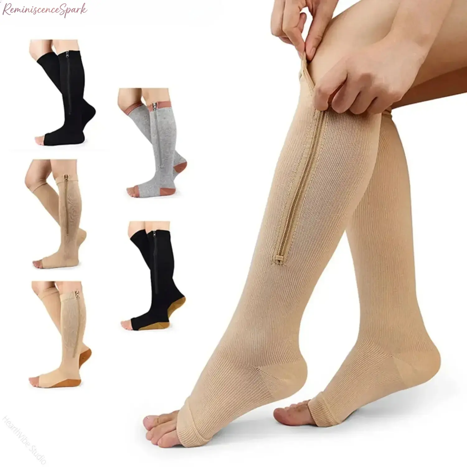 Women's Open-Toe Zipper Compression Socks, Stretchy French Terry Fabric Athletic Leg Support Stockings, Varicose Vein & Edema Relief, Comfortable Sports Compression Socks for Daily Wear & Travel