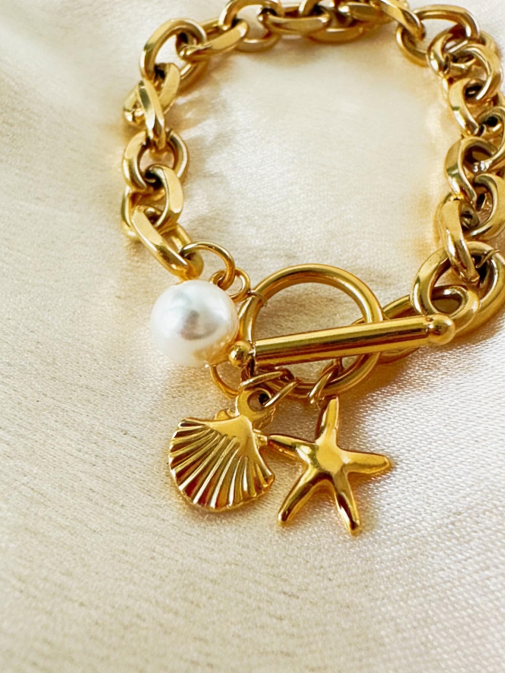 Hip Hop Ocean Style Bracelet, Versatile Luxurious Stainless Steel Shell Pearl Starfish OT Buckle, Women's Fashion Jewelry