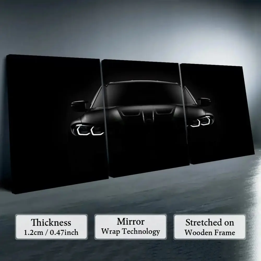 Dodge Challenger Hellcat 3 Piece Canvas Wall Art Dark Muscle Car Print Gamer Room Decor Modern Boy Bedroom Poster Set
