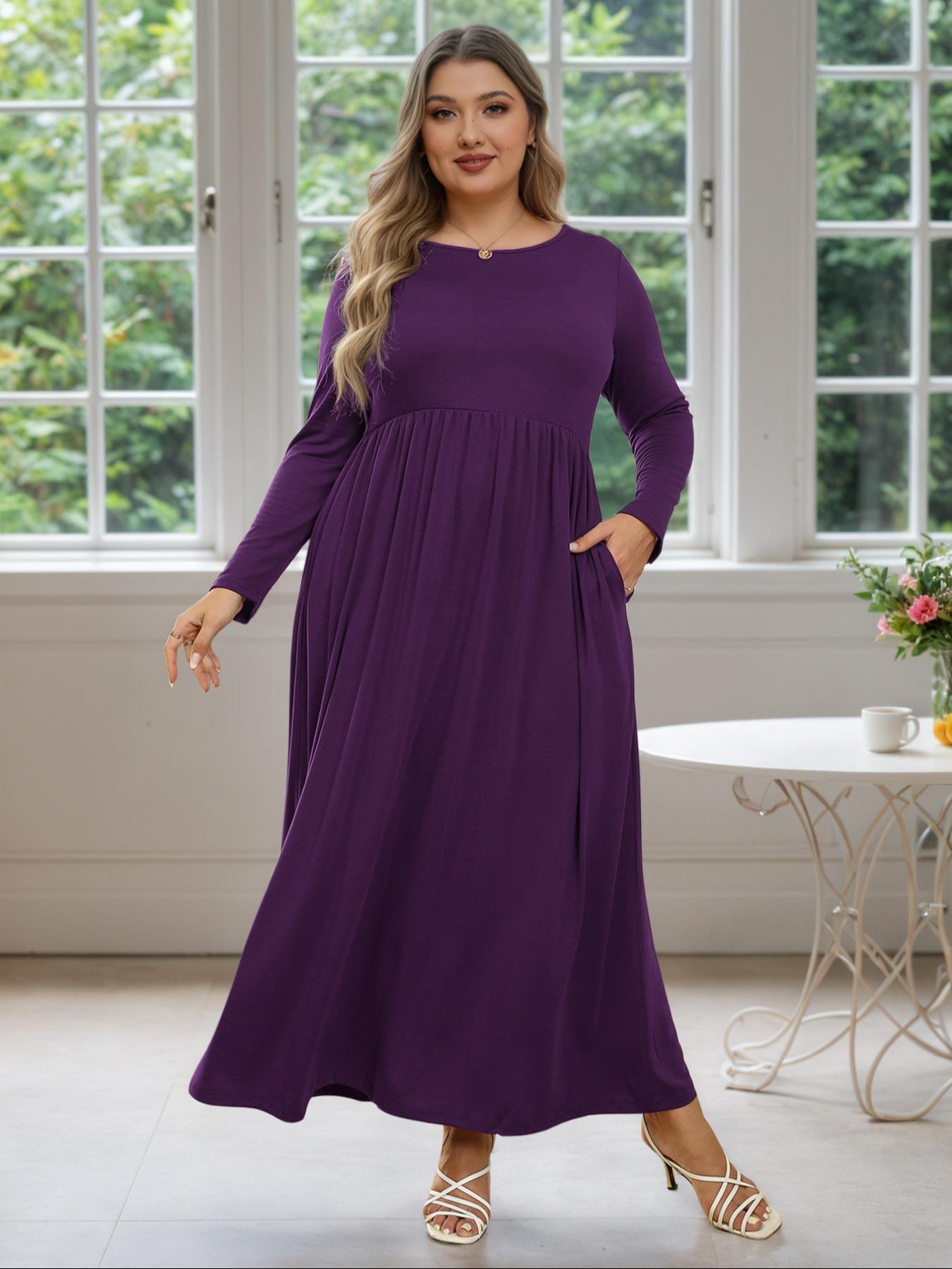 Women's Round Neck Stretchy Casual Maxi Long Plus Size Dress, Perfect for Bridesmaids, Vintage Style Wedding & Party Wear, Comfortable Fabric