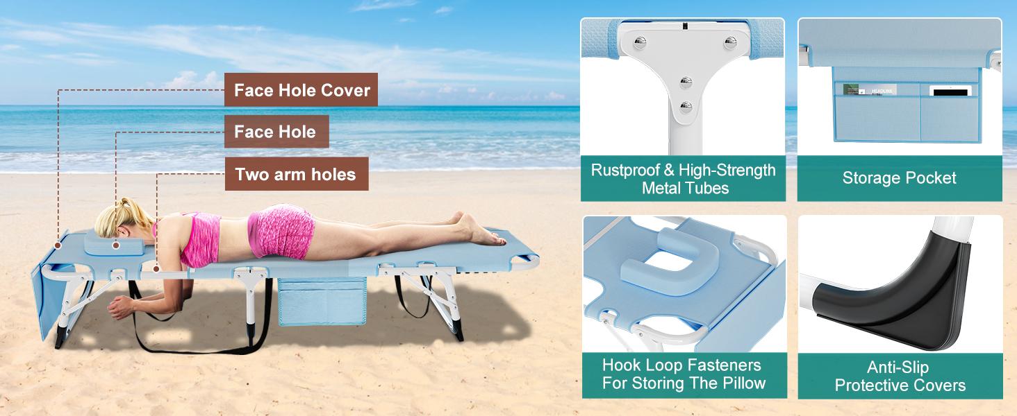 DoCred Deluxe 3-in-1 Tanning Chair with Face Hole, 5-Position Adjustable Beach Chair with Mattress, Oversized Portable Folding Chaise Poolside Lounge Chair for Outdoor Sunbathing, Lawn, Patio, Beach