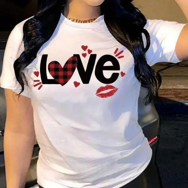 Women's Heart & Lip & Letter Print Round Neck Tee, Casual Short Sleeve Crew Neck T-shirt for Summer, Love Tshirt,Fashion Women's Top for Daily Wear, Cotton, Women's Clothes
